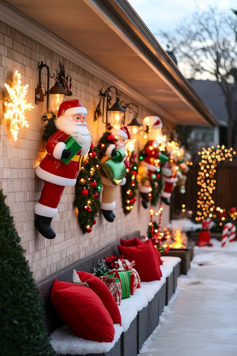santa claus climbing the side of the house with dangling present sacks 1
