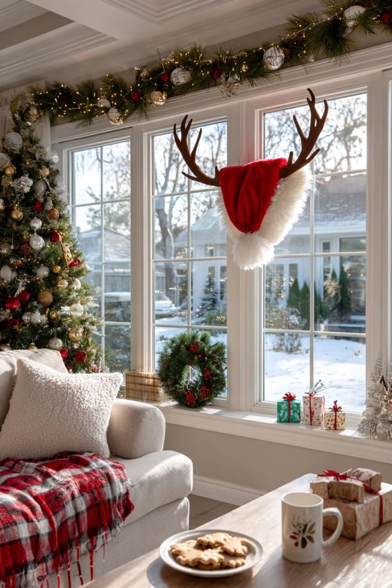 25 Best Christmas Window Decor Ideas to Try This Year 54 santa hat and reindeer antler props attached to the window corners for fun. 1