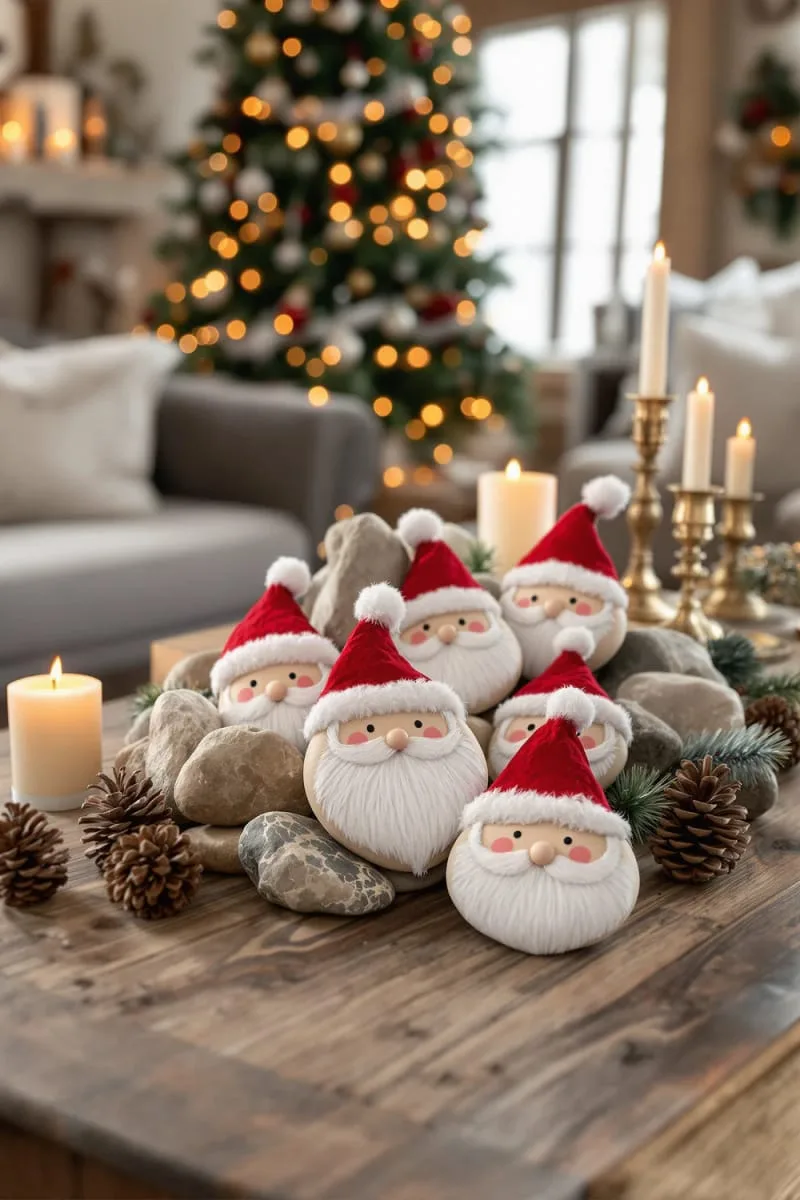santa stone faces painted on smooth river rocks for mantel decor 1
