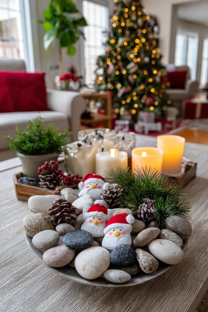 santa stone faces painted on smooth river rocks for mantel decor 1