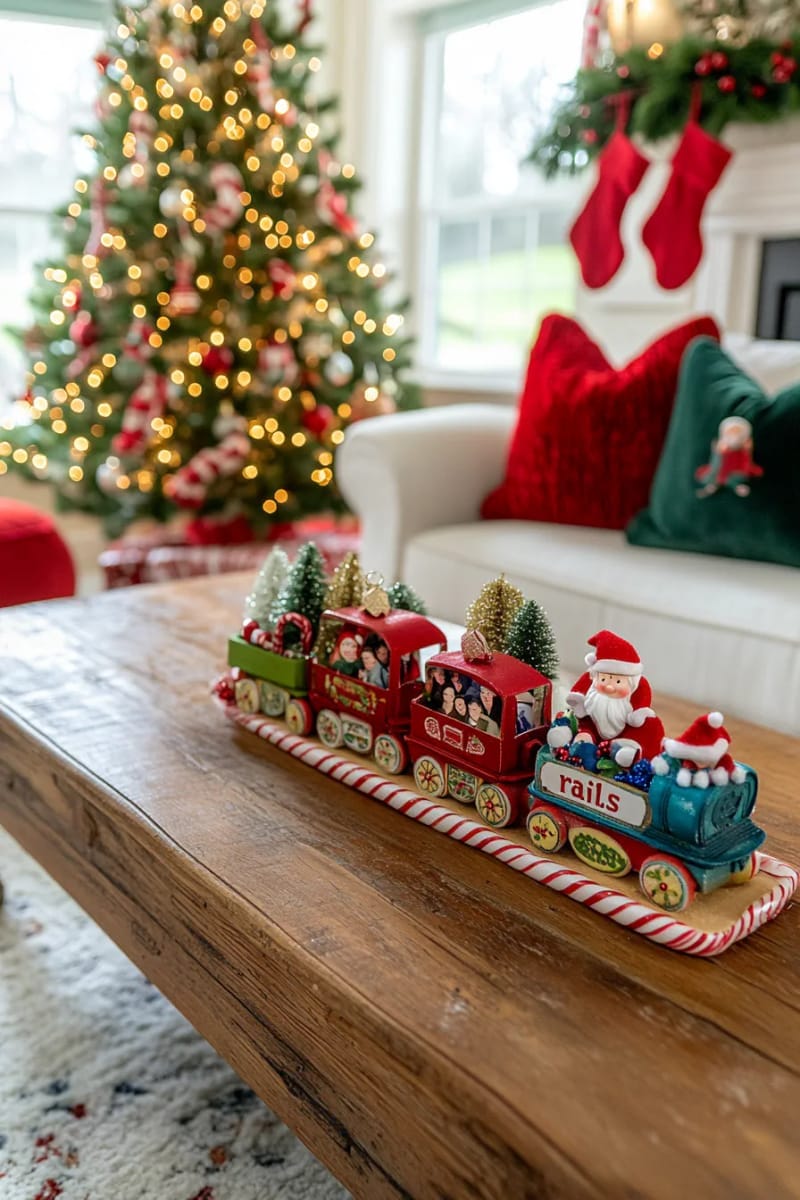 santa train photo ornaments using foam shapes and candy cane “rails” 1