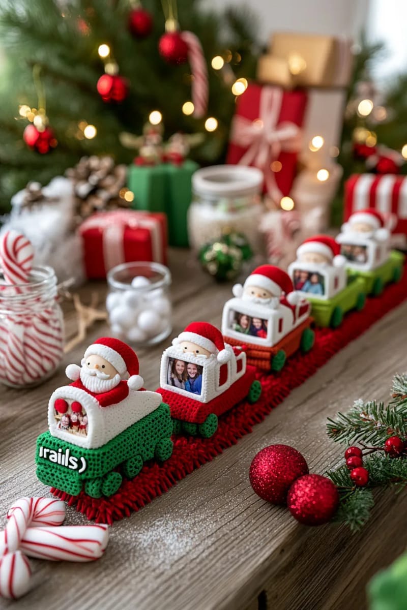 santa train photo ornaments using foam shapes and candy cane “rails” 1