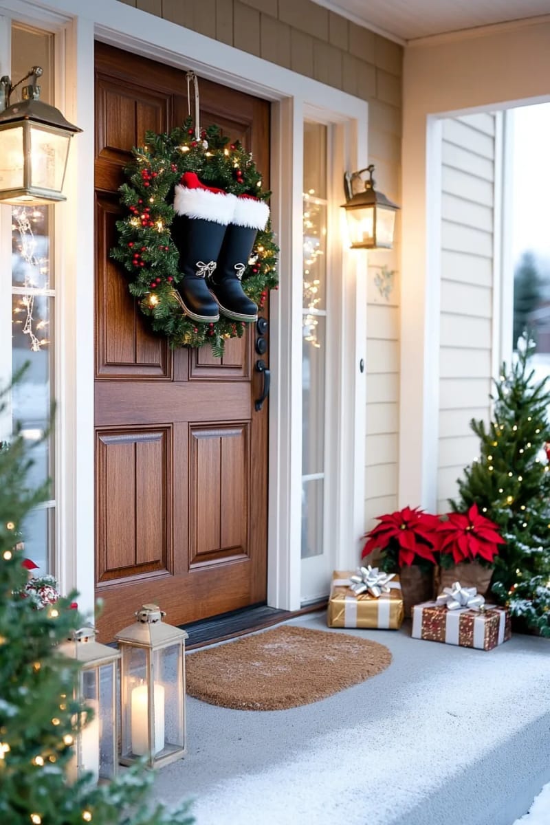 29 Festive Christmas Door Decor Ideas for a Magical Entry 21 santa’s boots peeking out from the top of the doorframe 1
