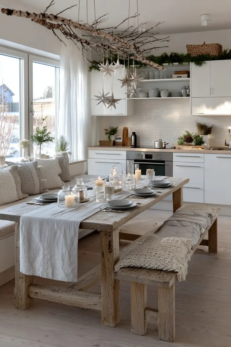 29 Simple Christmas Decor Ideas for a Beautiful Holiday Season 3 scandinavian-inspired branch with hanging wooden ornaments above a dining table 1