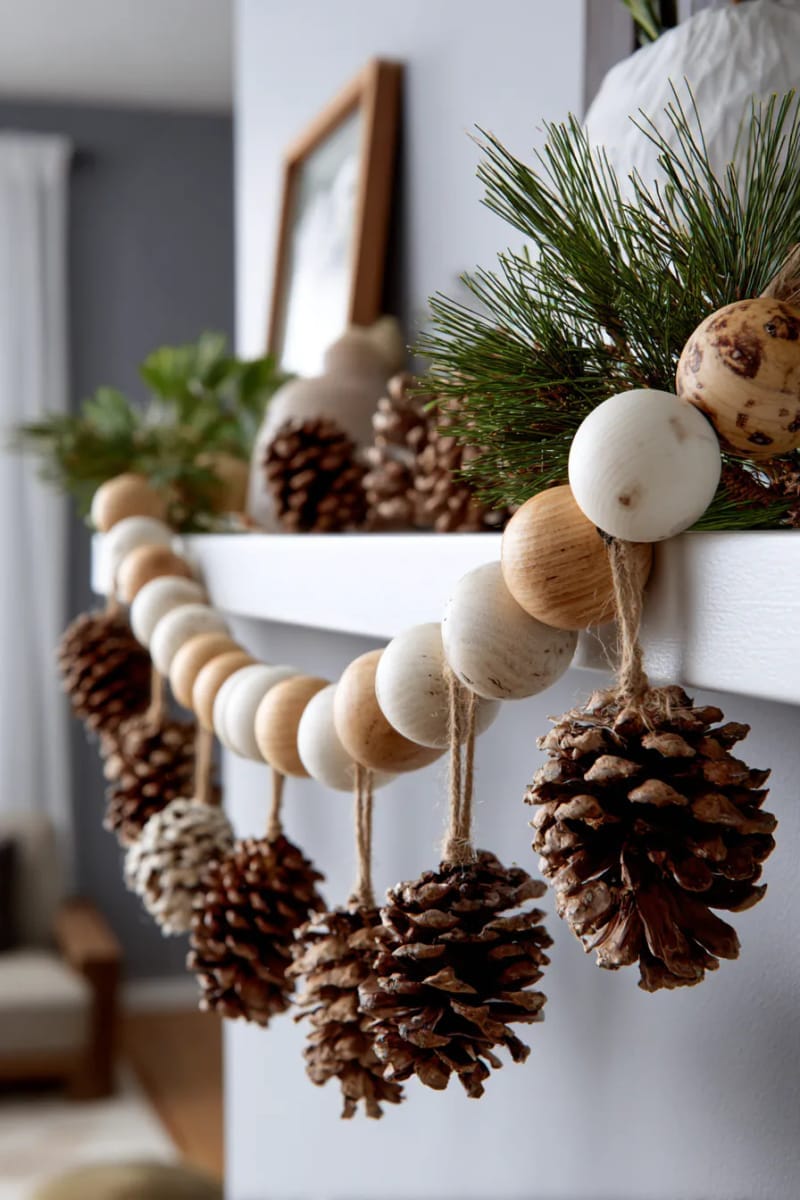 scandinavian-inspired garland of wooden beads and pinecones on the wall 1