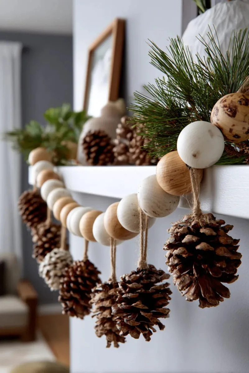 scandinavian-inspired garland of wooden beads and pinecones on the wall 1