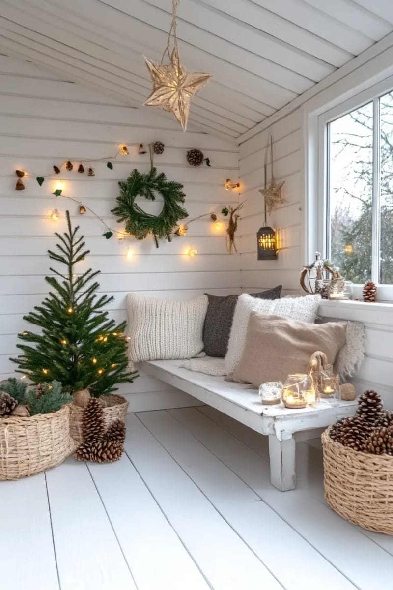 scandinavian-inspired garland of wooden beads and pinecones on the wall 1