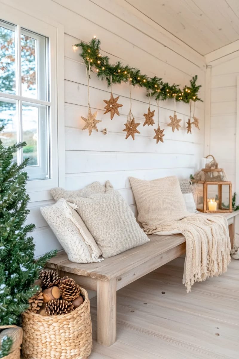 scandinavian-inspired garland of wooden beads and pinecones on the wall 1