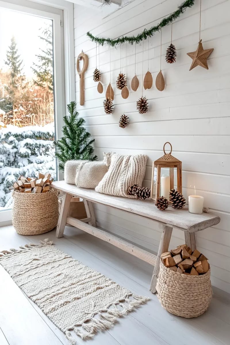 scandinavian-inspired garland of wooden beads and pinecones on the wall 1