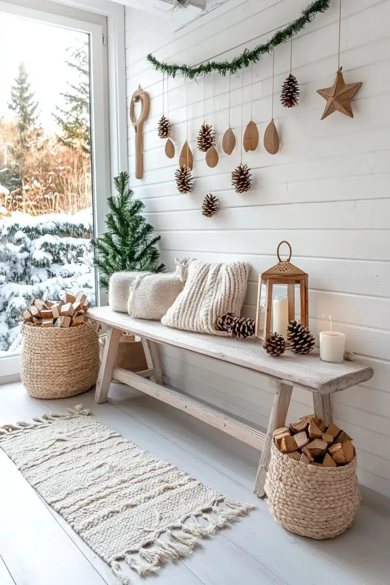 scandinavian-inspired garland of wooden beads and pinecones on the wall 1