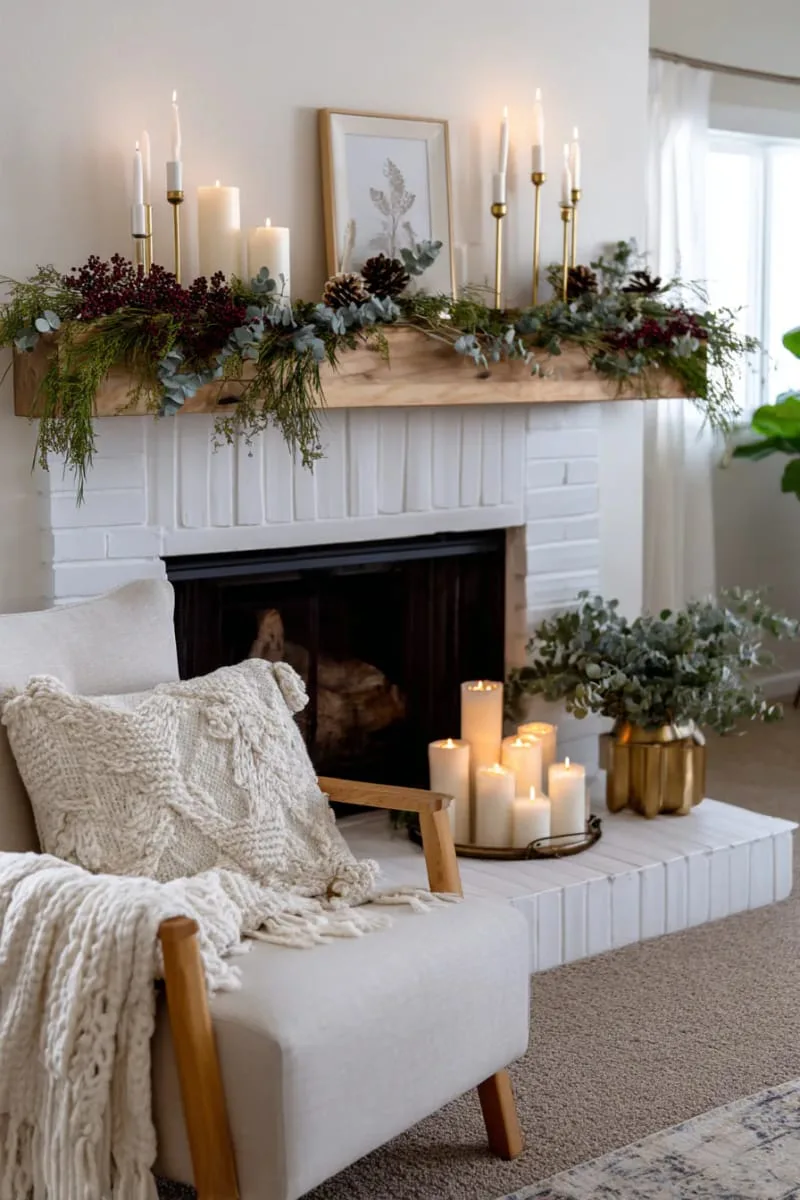 scandinavian-inspired minimal greenery and candlelight on the hearth 1