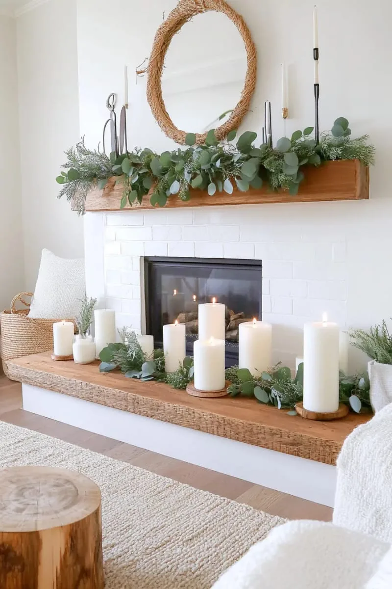 scandinavian-inspired minimal greenery and candlelight on the hearth 1