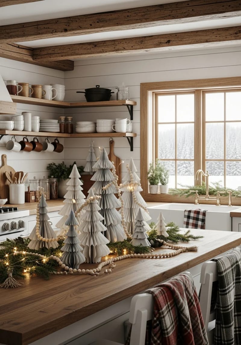 23 Christmas Countertop Decor Ideas Guests Can’t Stop Talking About 53 scandinavian-inspired paper trees and neutral wood beads 1
