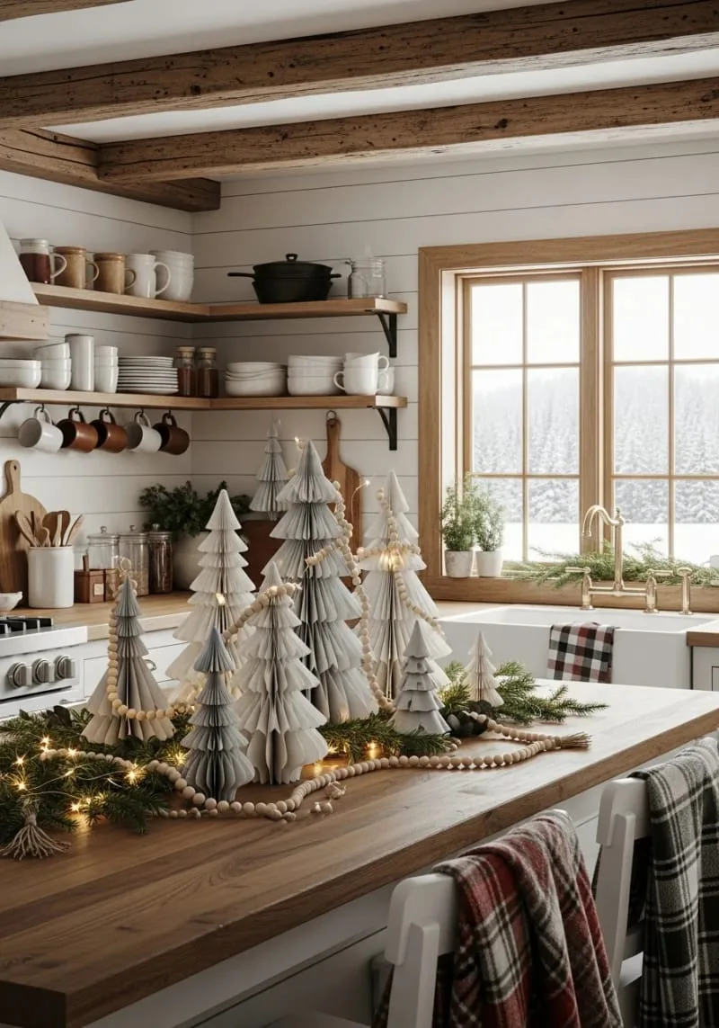 23 Christmas Countertop Decor Ideas Guests Can’t Stop Talking About 84 scandinavian-inspired paper trees and neutral wood beads 1