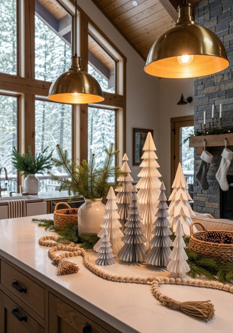 23 Christmas Countertop Decor Ideas Guests Can’t Stop Talking About 54 scandinavian-inspired paper trees and neutral wood beads 1