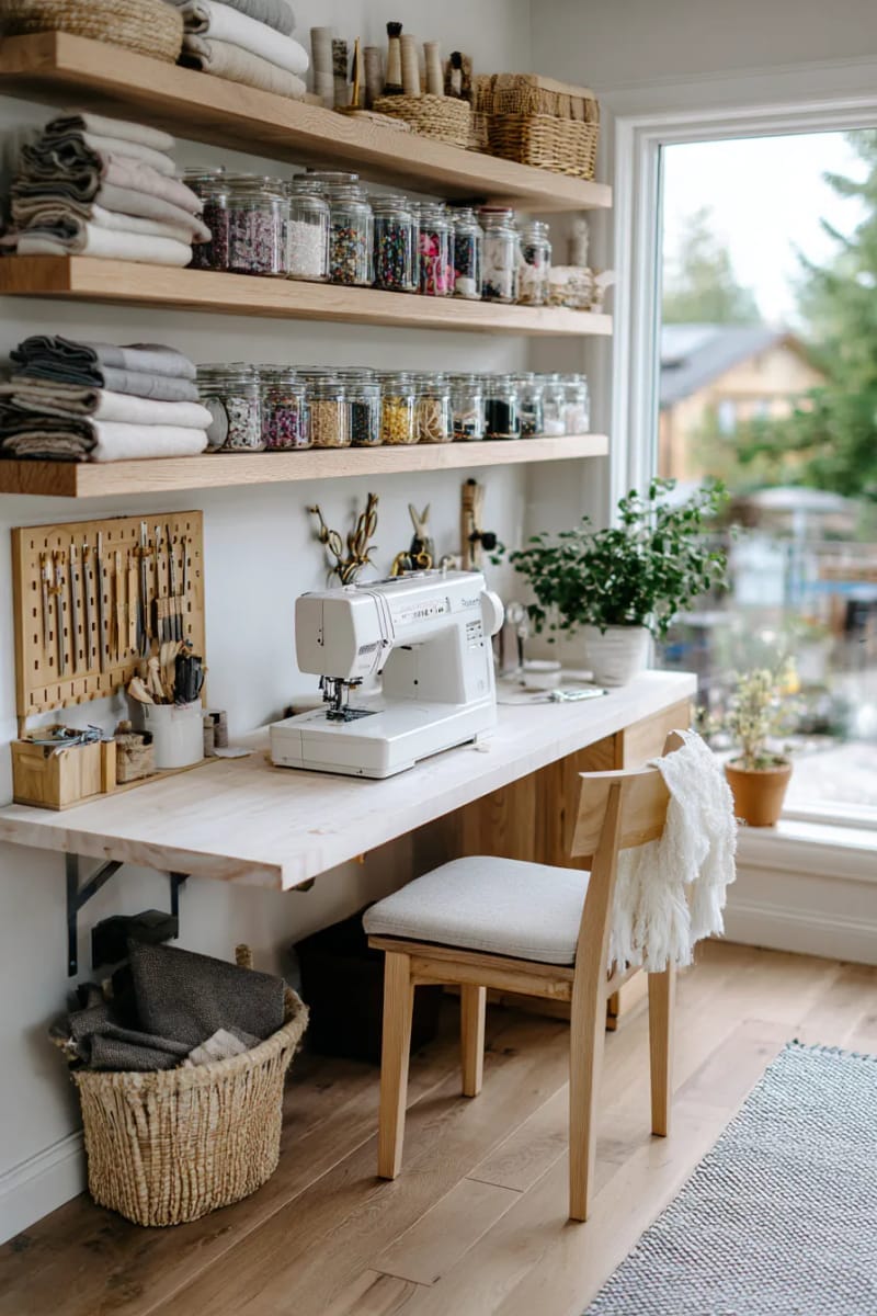 scandinavian-inspired sewing nook with white walls and pine shelves 1