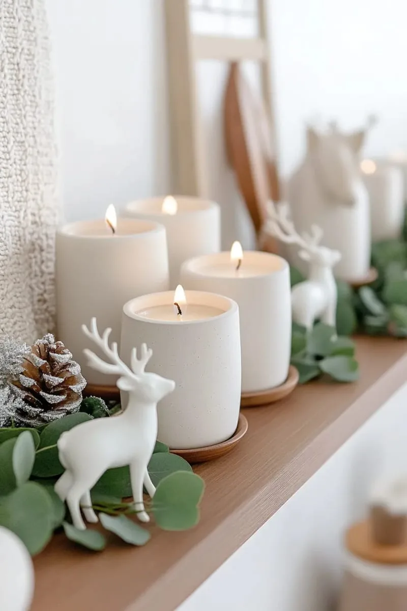 scandinavian-inspired shelf with white candles, tiny reindeer, and greenery garland 1