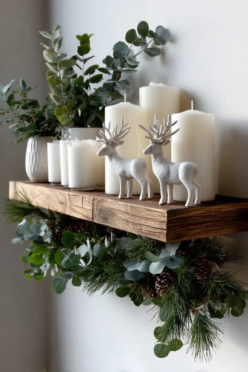 scandinavian-inspired shelf with white candles, tiny reindeer, and greenery garland 1