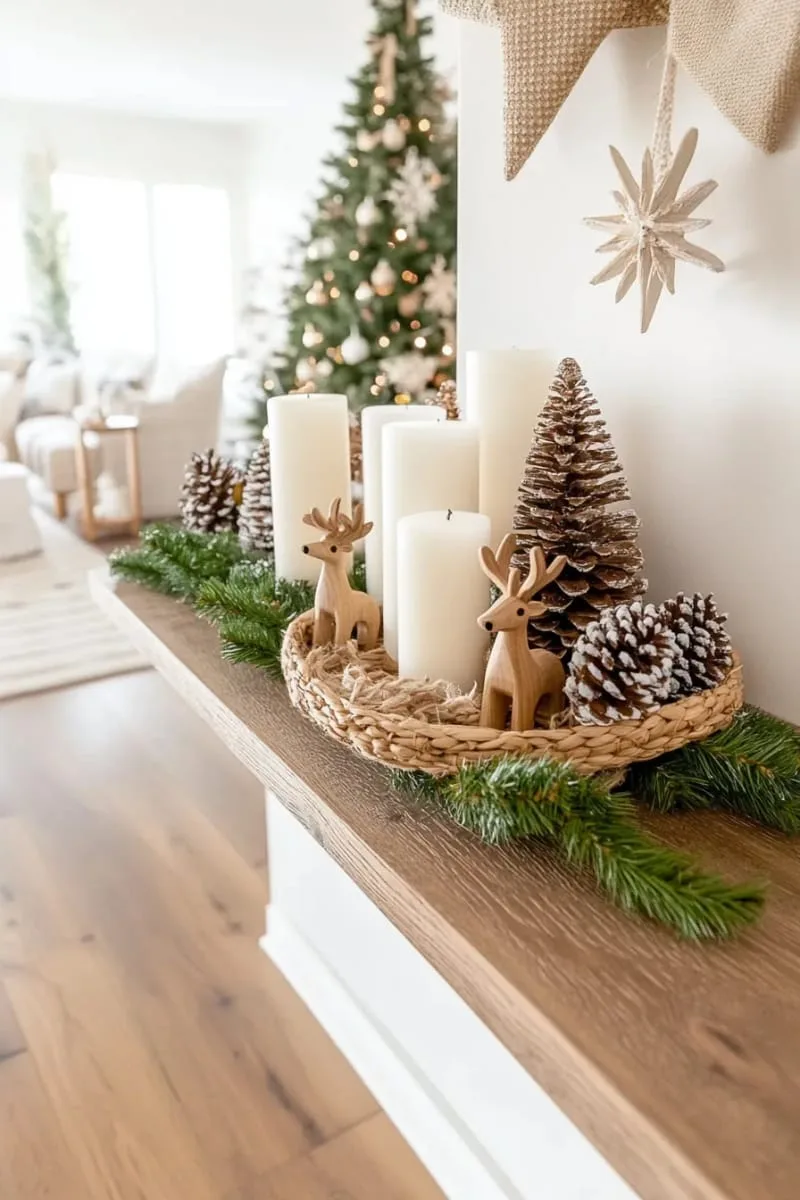 scandinavian-inspired shelf with white candles, tiny reindeer, and greenery garland 1