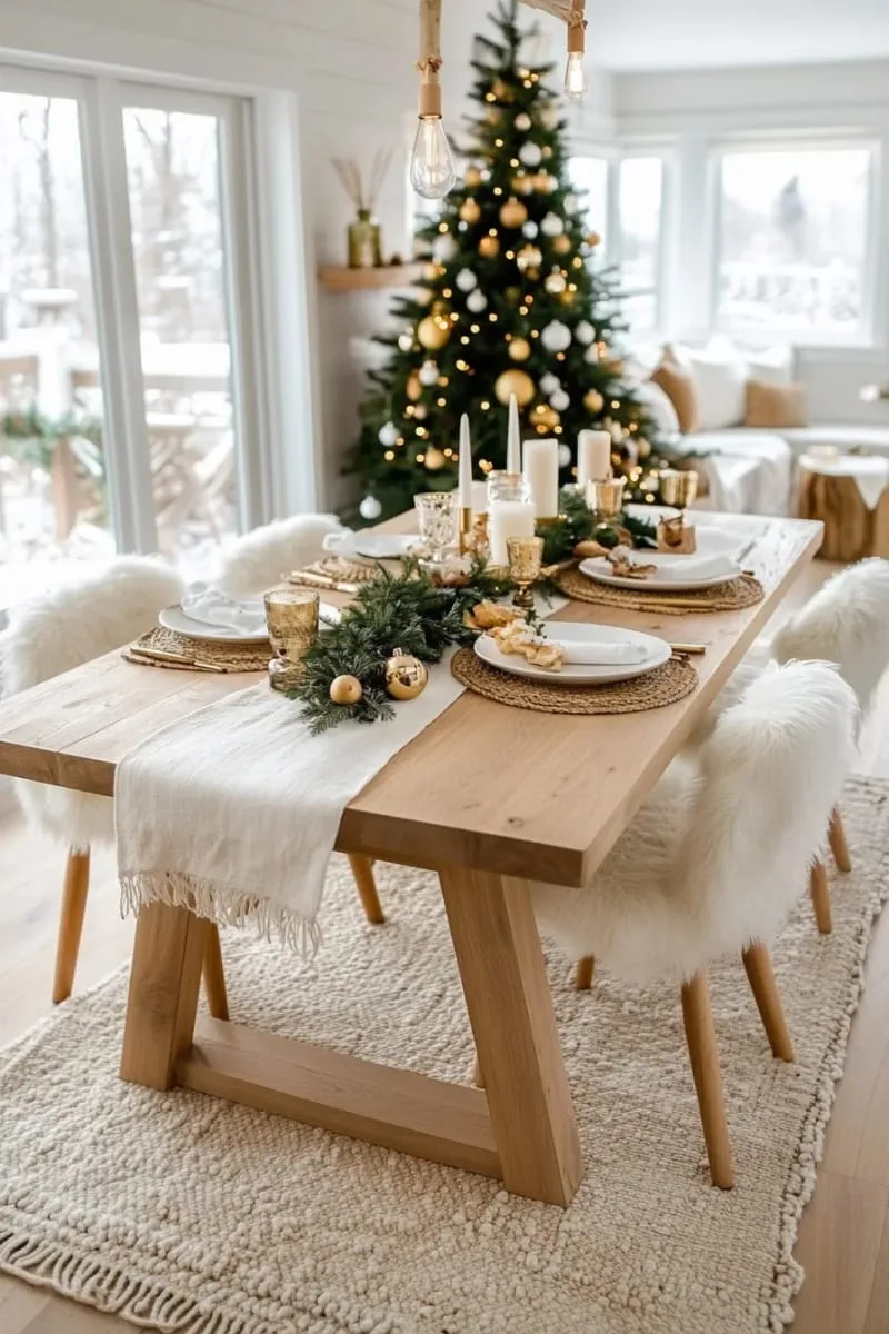 scandinavian-inspired table centerpiece with pinecones, oranges, and gold accents 1
