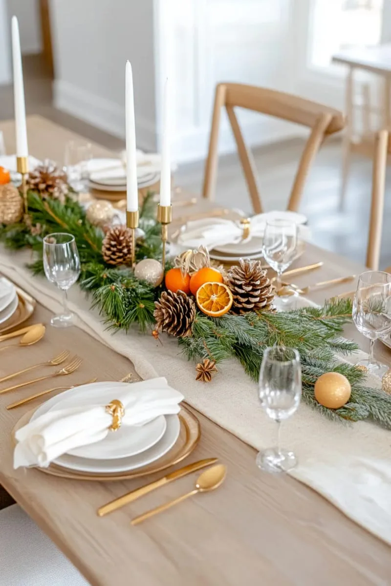 scandinavian-inspired table centerpiece with pinecones, oranges, and gold accents 1