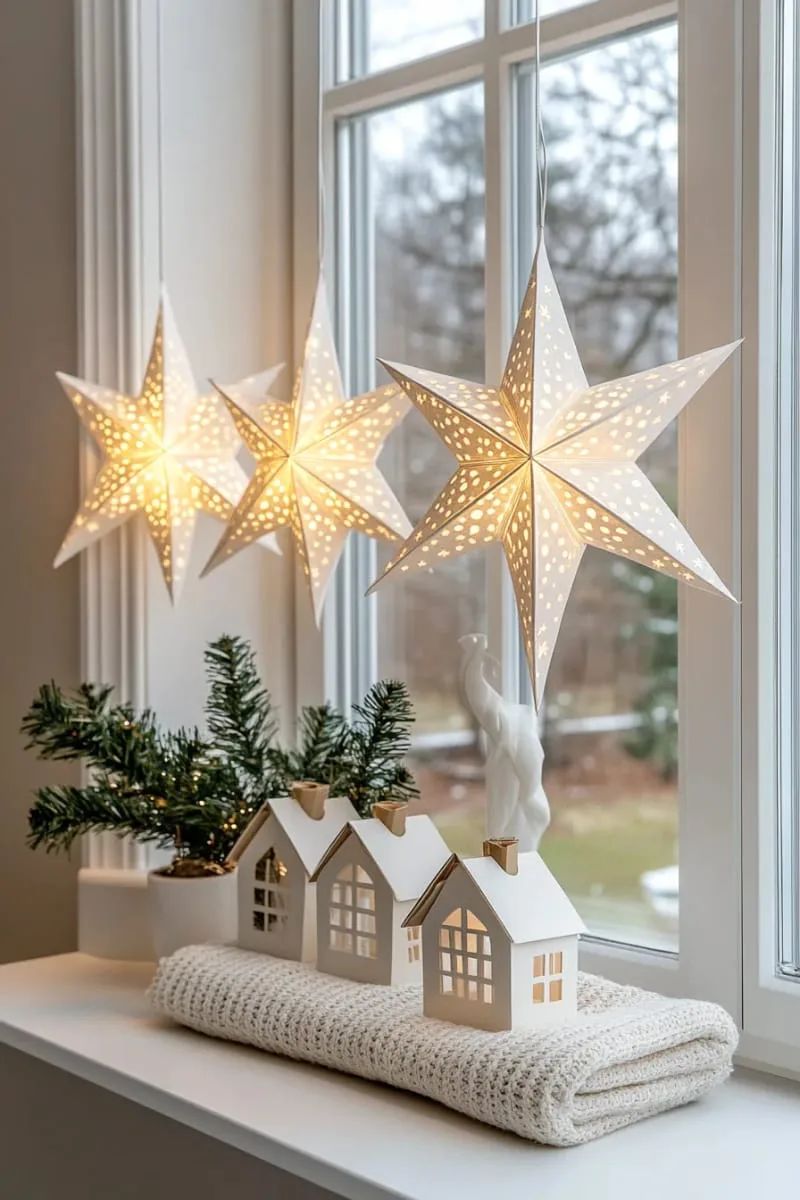 25 New Gorgeous White Christmas Decor Ideas That Wow 60 scandinavian-inspired white paper star lanterns glowing in windows 1