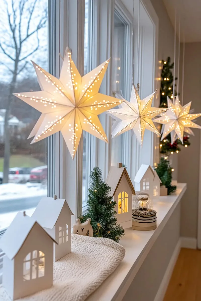 25 New Gorgeous White Christmas Decor Ideas That Wow 61 scandinavian-inspired white paper star lanterns glowing in windows 1