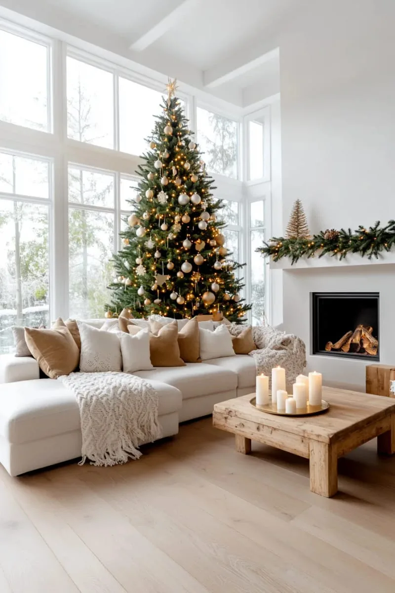 scandinavian-style christmas tree with minimalist white and gold ornaments 1