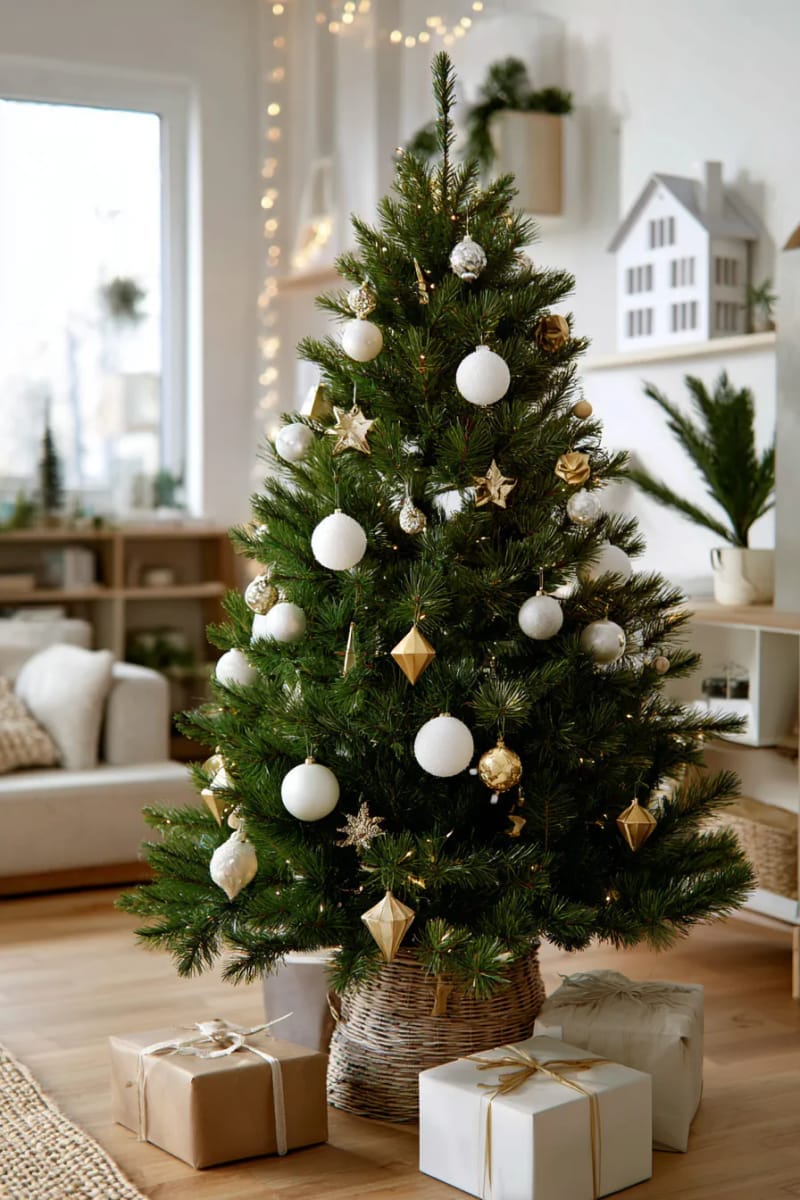 scandinavian-style christmas tree with minimalist white and gold ornaments 1