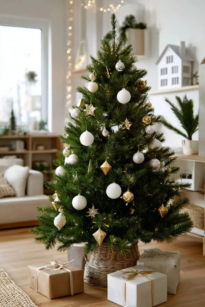 scandinavian-style christmas tree with minimalist white and gold ornaments 1