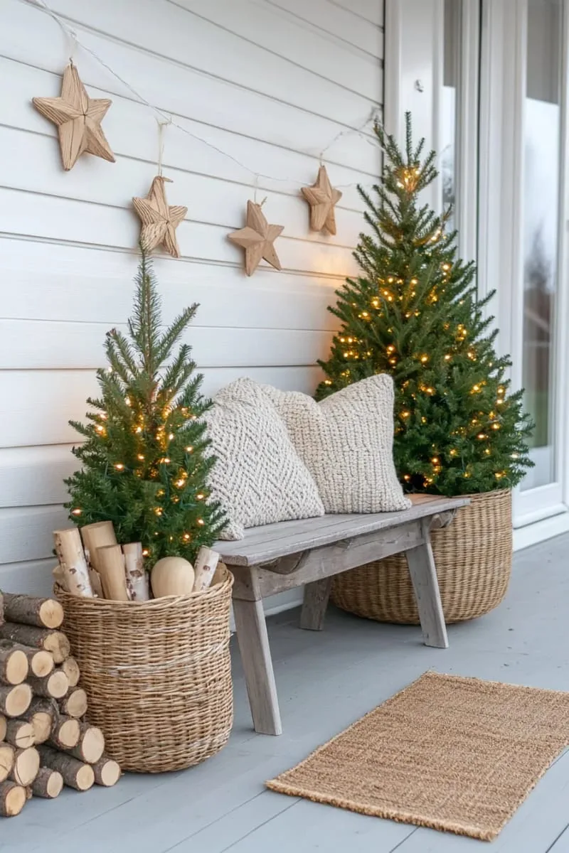 15 Dreamy Front Porch Christmas Trees to Try This Year 22 scandinavian style neutral trees with woven baskets and natural wood ornaments 1