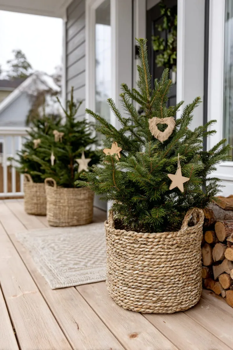 15 Dreamy Front Porch Christmas Trees to Try This Year 23 scandinavian style neutral trees with woven baskets and natural wood ornaments 1