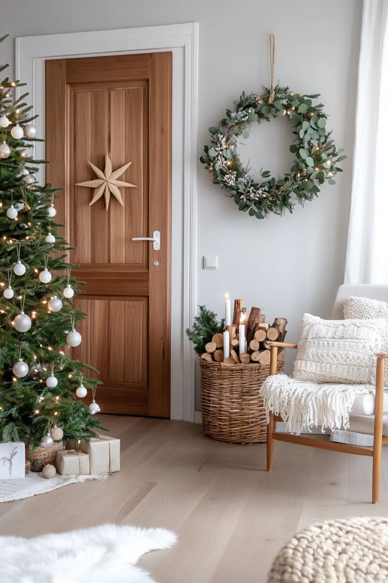 29 Pretty Christmas Decorations for a Magical Holiday Season 70 scandinavian style wreath with eucalyptus and white berries 1