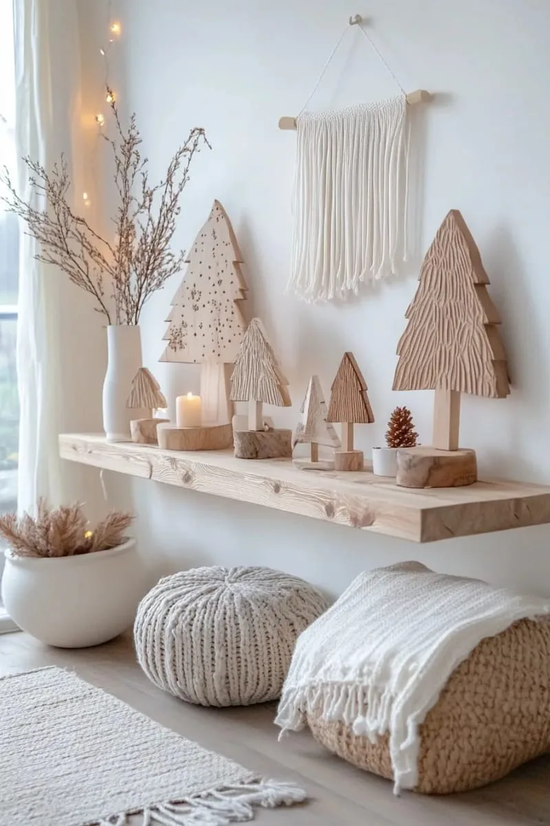 scandinavian wooden tree figurines on a floating shelf 1