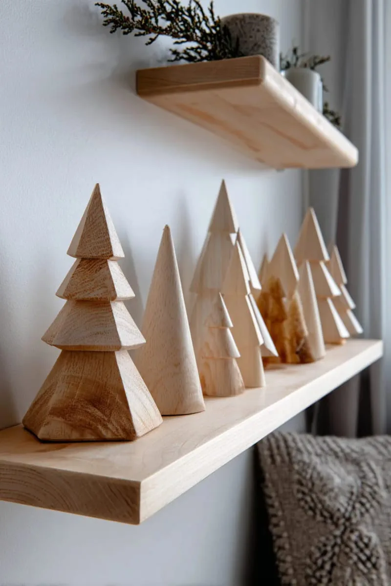 scandinavian wooden tree figurines on a floating shelf 1