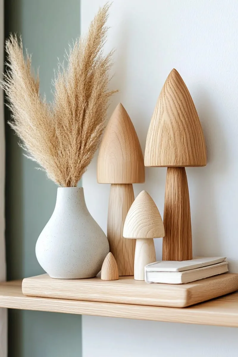scandinavian wooden tree figurines on a floating shelf 1