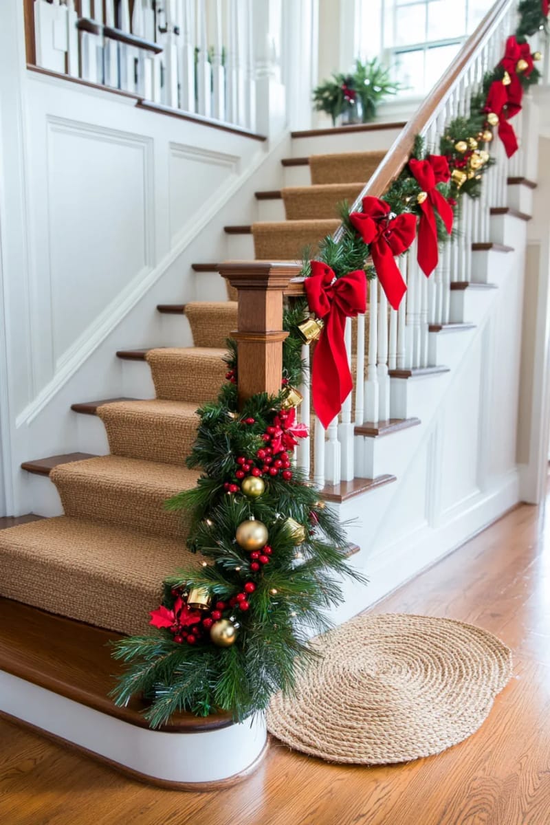scarlet ribbon garlands draping across vintage wooden stair railings 1