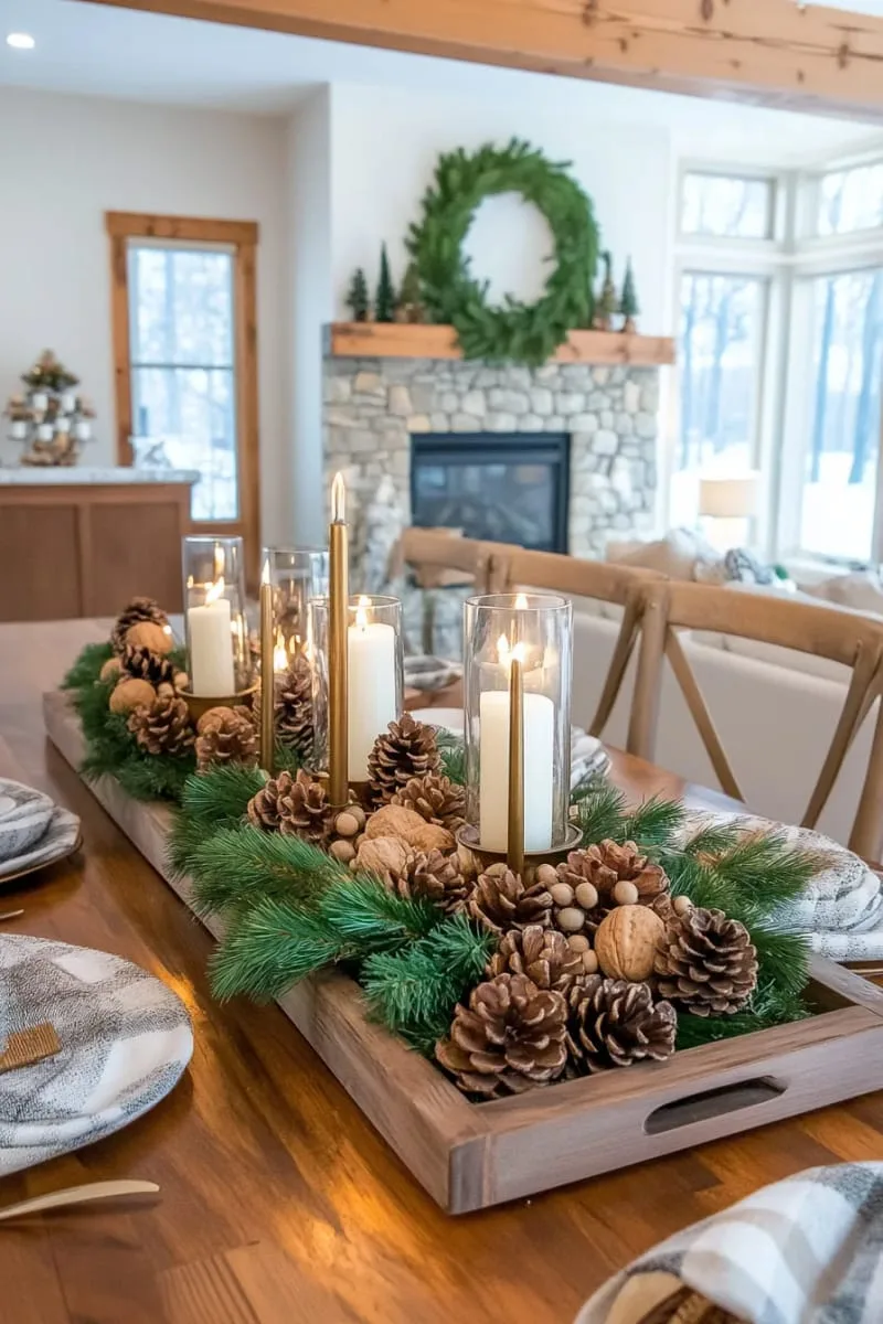 scattered pinecones and walnuts in a wooden tray for table decor 1