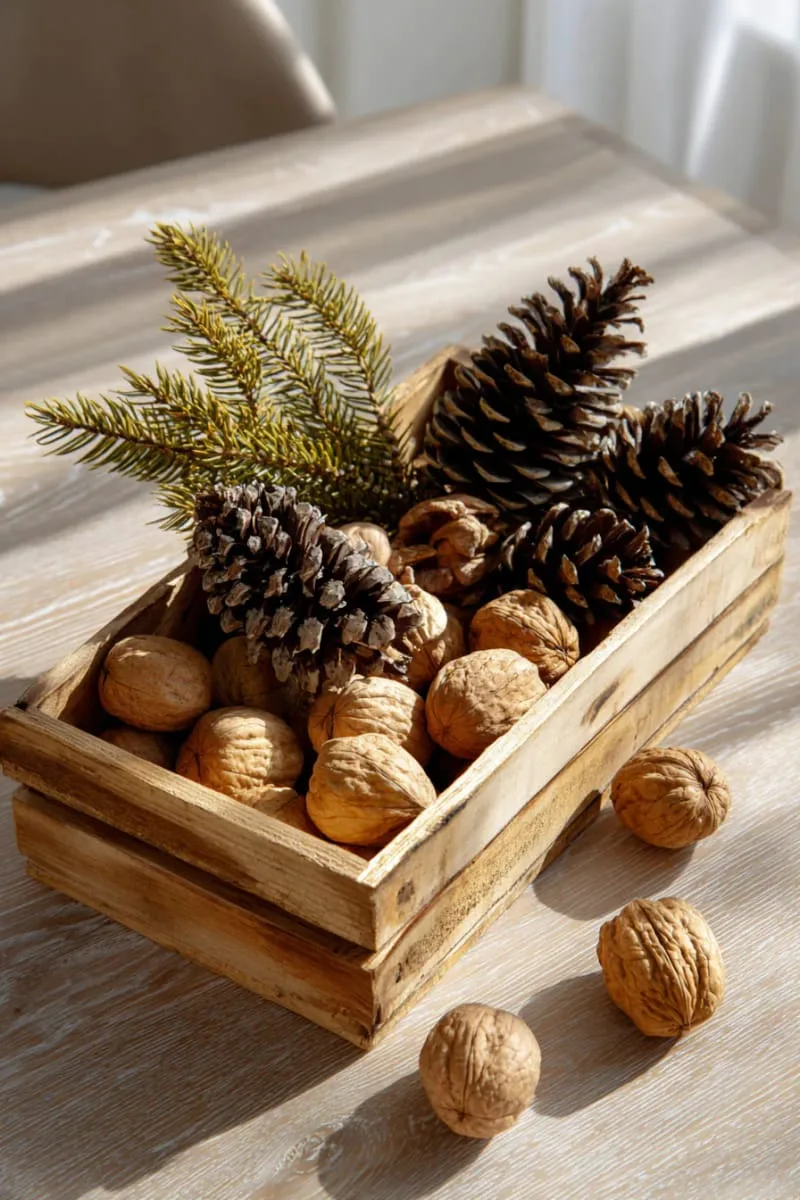scattered pinecones and walnuts in a wooden tray for table decor 1