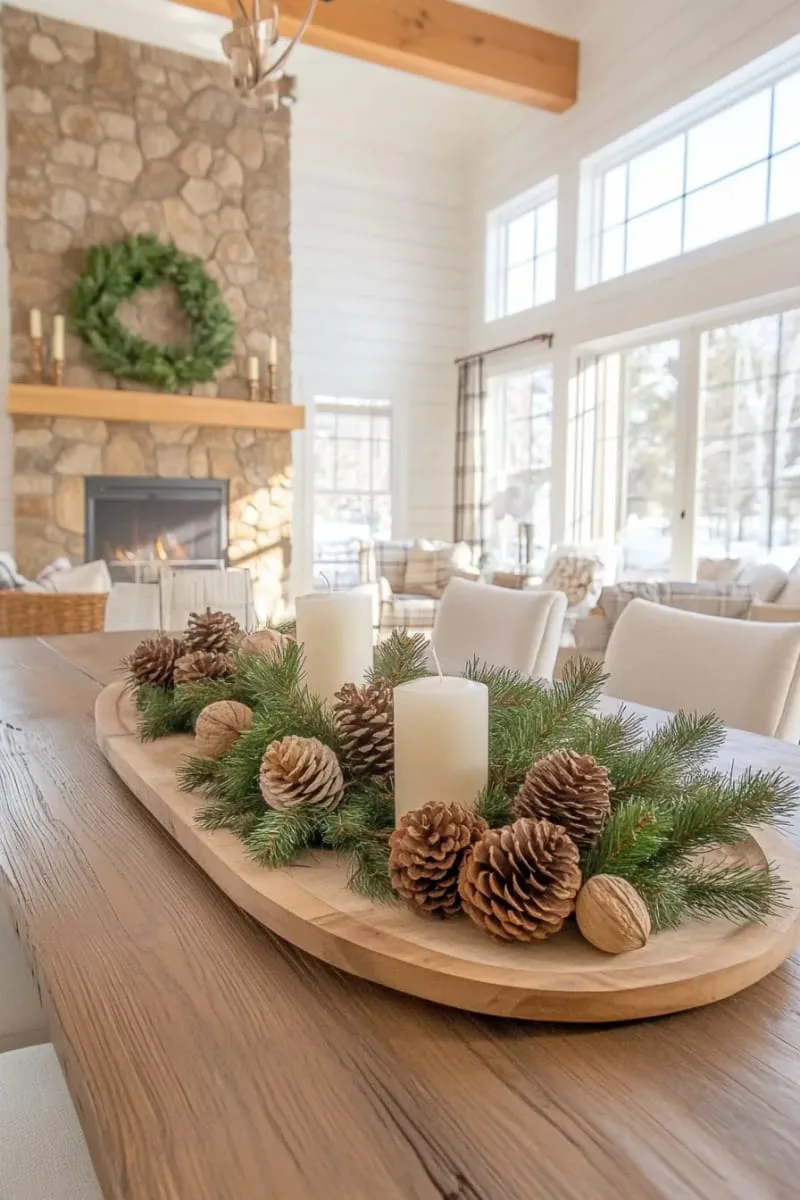 scattered pinecones and walnuts in a wooden tray for table decor 1