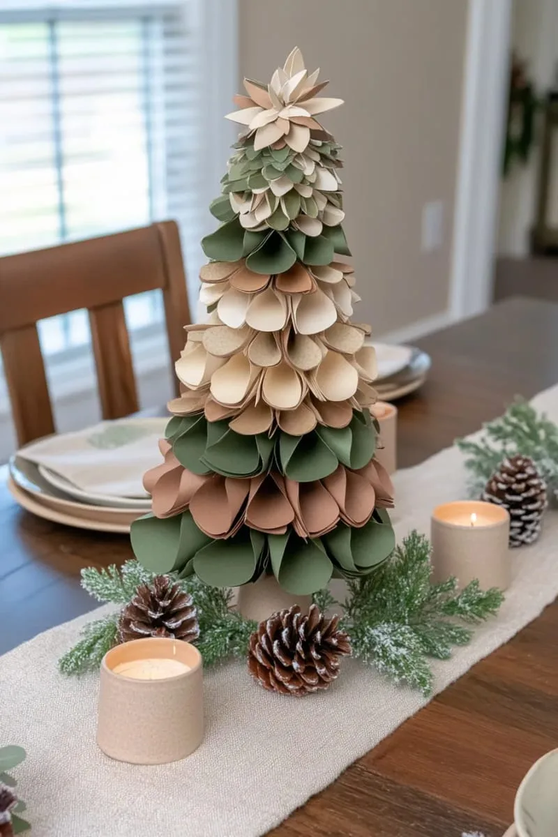 sculptural paper christmas tree centerpiece in earthy tones 1