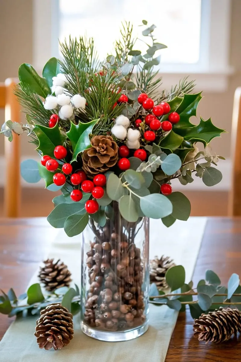 29 Creative Christmas Kitchen Decor Ideas You'll Absolutely Love 67 seasonal floral arrangement with holly and eucalyptus 1