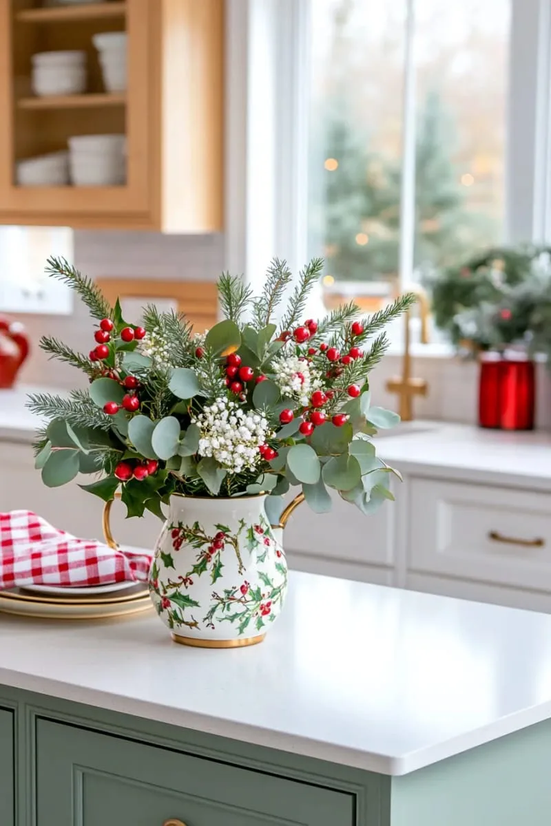 29 Creative Christmas Kitchen Decor Ideas You'll Absolutely Love 68 seasonal floral arrangement with holly and eucalyptus 1