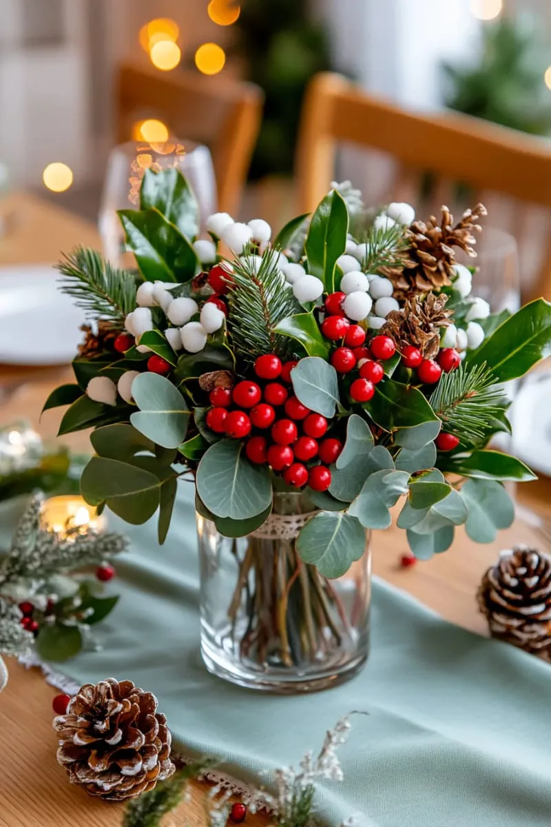 29 Creative Christmas Kitchen Decor Ideas You'll Absolutely Love 69 seasonal floral arrangement with holly and eucalyptus 1