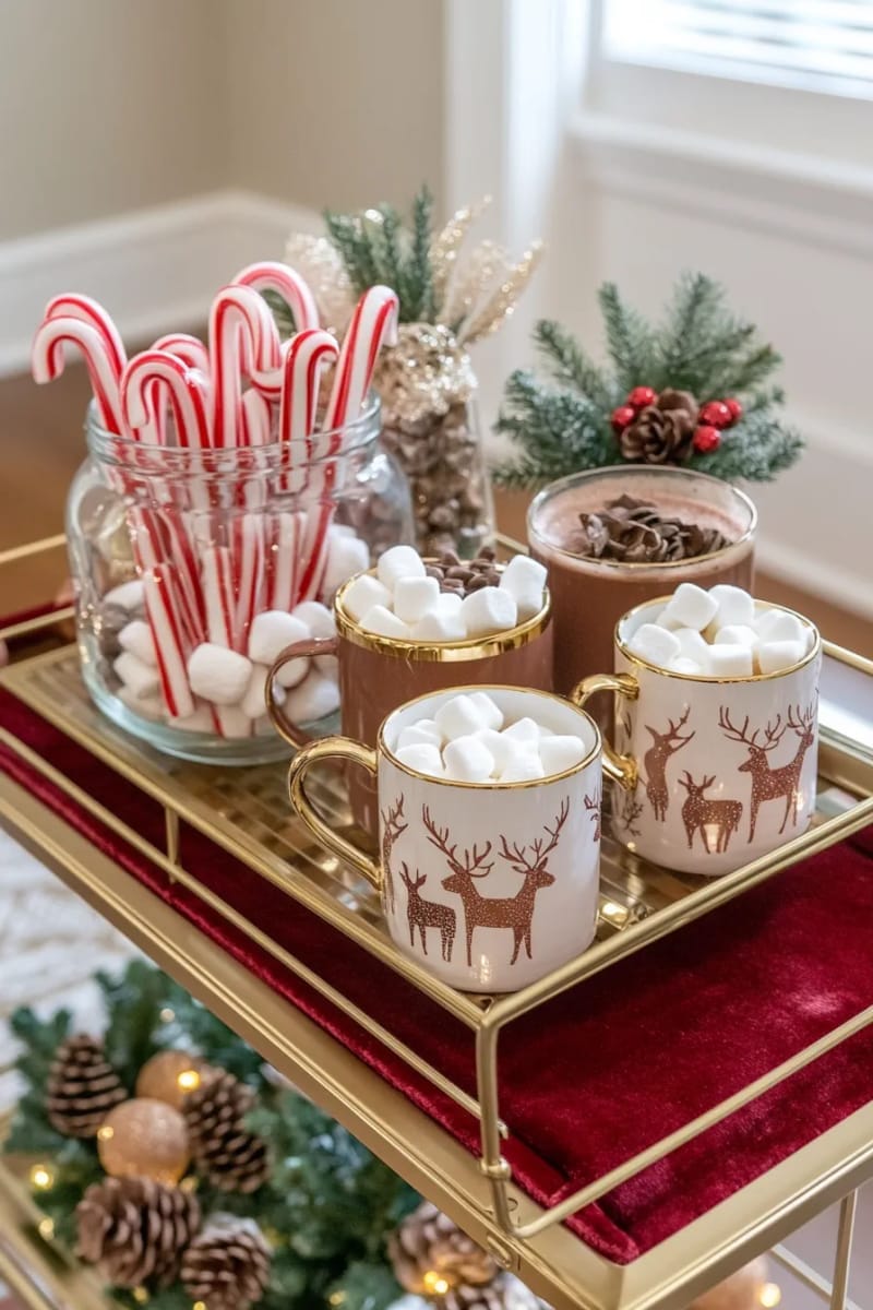 set up a cocoa bar cart with candy canes and festive mugs for guests 1