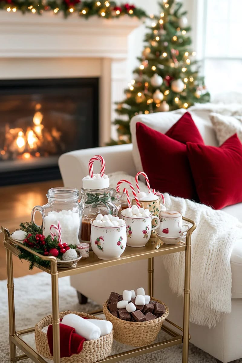 set up a cocoa bar cart with candy canes and festive mugs for guests 1