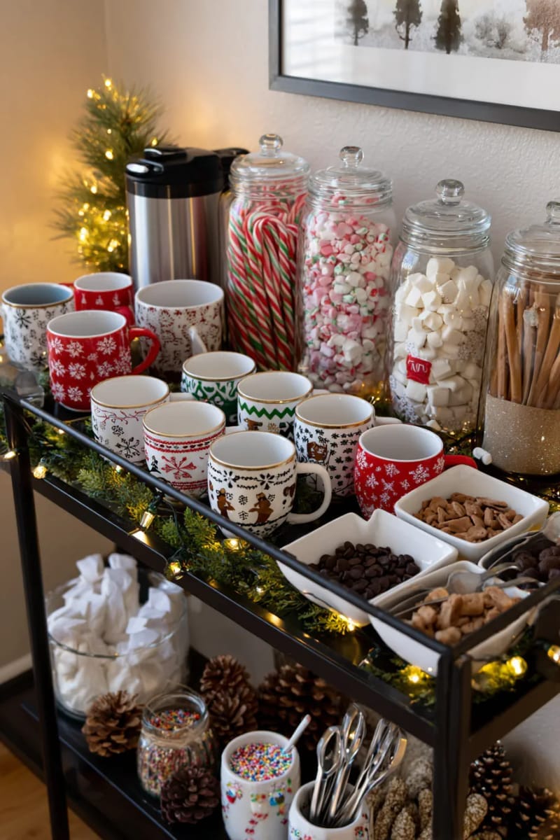 set up a cocoa bar cart with candy canes and festive mugs for guests 1