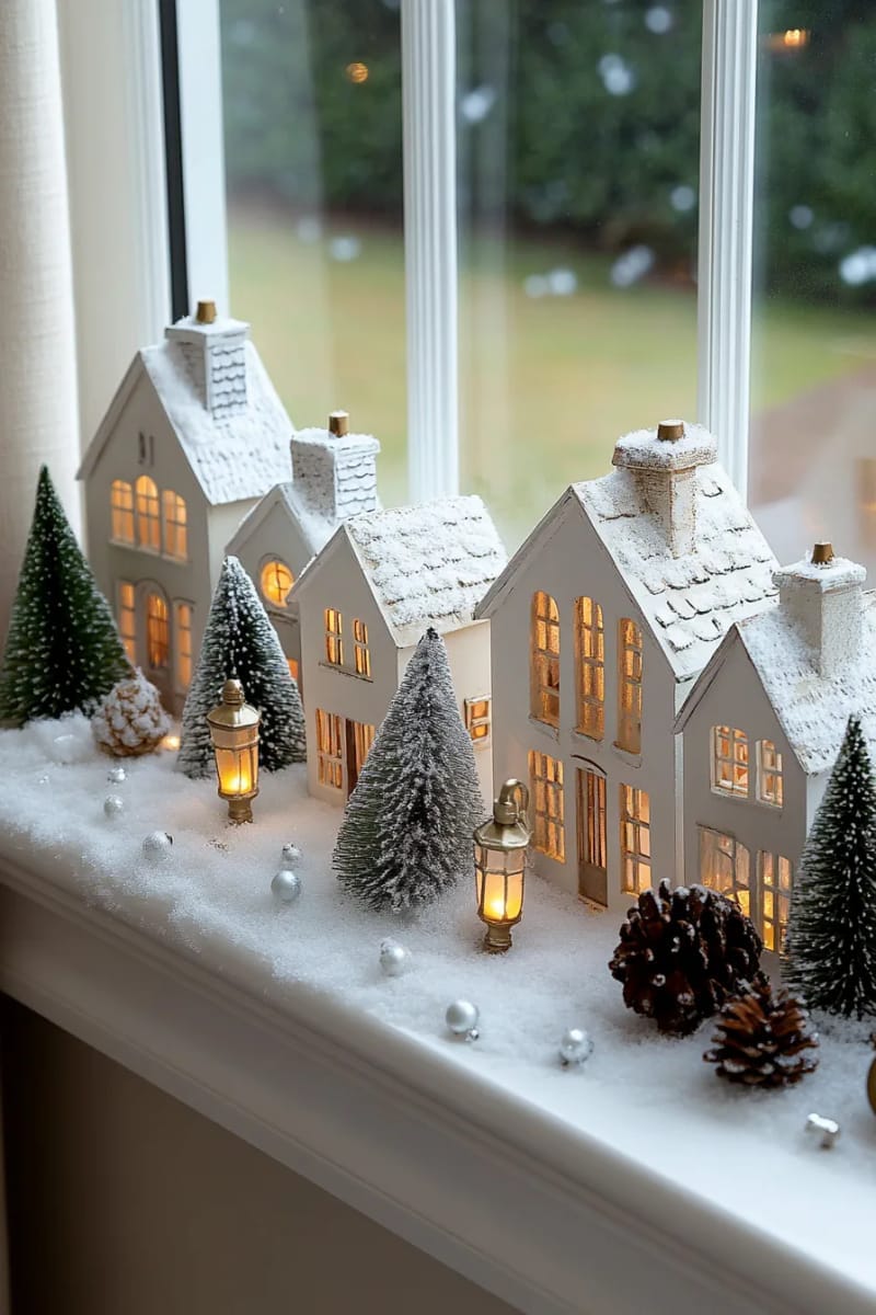 27 Stunning Winter Decor Ideas for a Stylish Retreat 28 set up a glowing village of battery-operated houses on a windowsill with snow blanket. 1