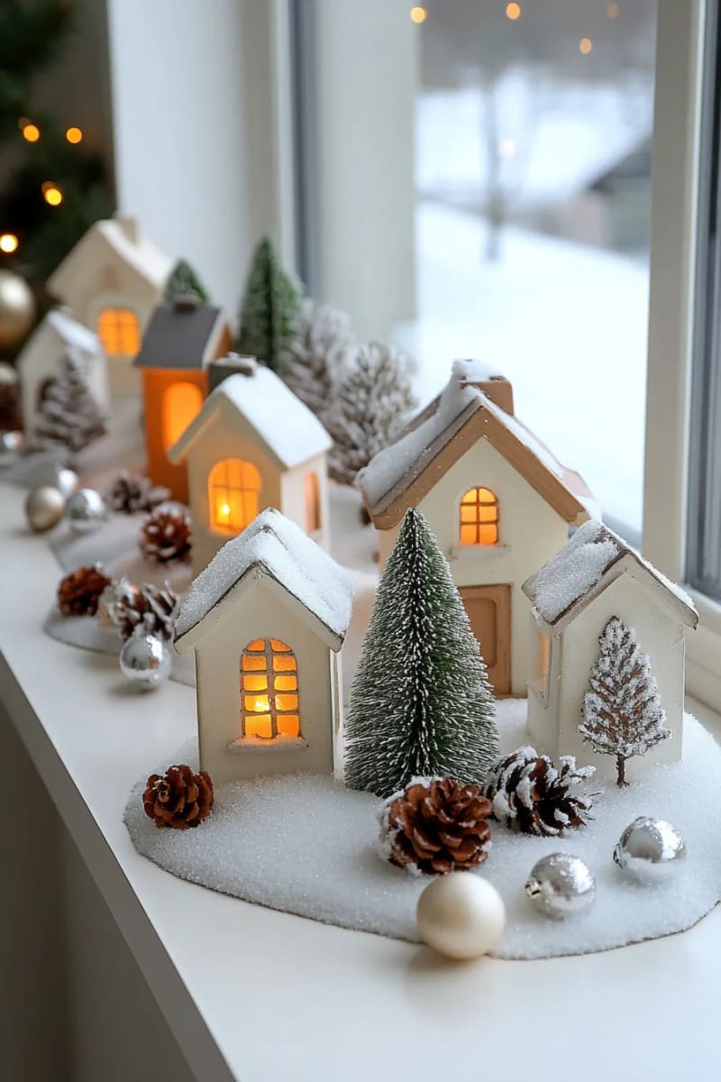 27 Stunning Winter Decor Ideas for a Stylish Retreat 30 set up a glowing village of battery-operated houses on a windowsill with snow blanket. 1