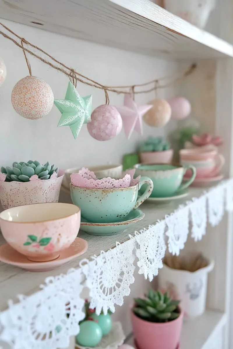 shabby chic shelf with lace doilies, pastel baubles, and paper stars 1